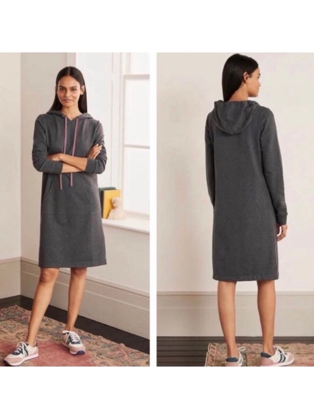 NWOT Boden Oriel Hooded Sweatshirt Dress in Gray Charcoal Marl Striped Size 4